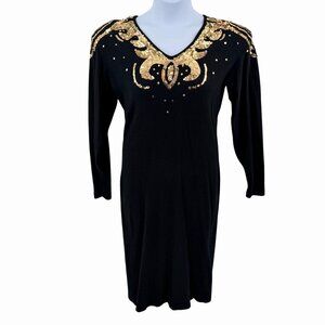 VINTAGE OUTLANDER BLACK LAMBSWOOL ANGORA GOLD SEQUIN SWEATER DRESS - L